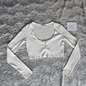 Bershka White FitLong Sleeve Crop Blouse